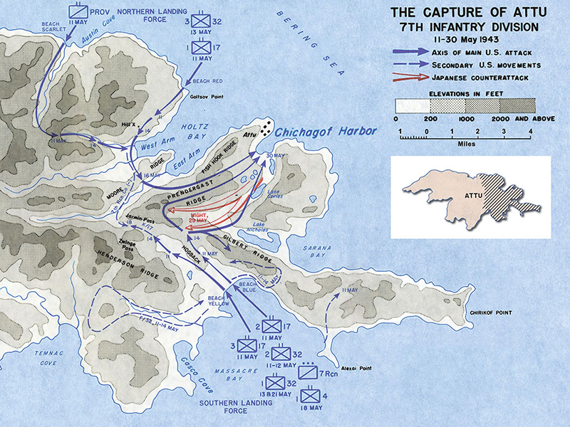 A map showing troop movement during the Battle of Attu