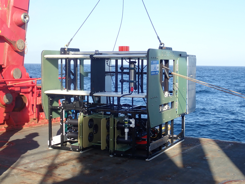 The In-Situ Ichthyoplankton Imaging System Deep-Focus Particle Imager (ISIIS-DPI) on the deck of Research Vessel Sikuliaq. This tool enabled the team to “sample” organisms without physical contact in their natural environment during the Exploring Pelagic Biodiversity of the Gulf of Alaska and the Impact of Its Seamounts expedition.
