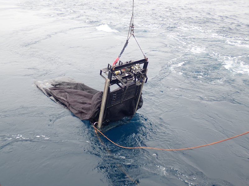 The Multiple Opening/Closing Net and Environmental Sensing System (MOCNESS) immediately after deployment during the Exploring Pelagic Biodiversity of the Gulf of Alaska and the Impact of Its Seamounts expedition.