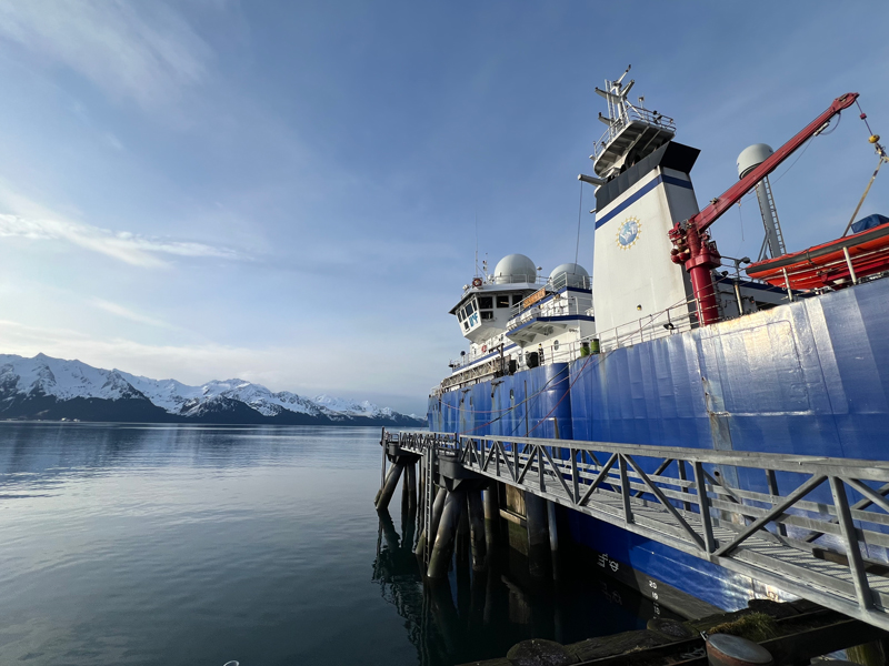 Research Vessel Sikuliaq docked in Seward, Alaska, before departing for the Exploring Pelagic Biodiversity of the Gulf of Alaska and the Impact of Its Seamounts expedition.