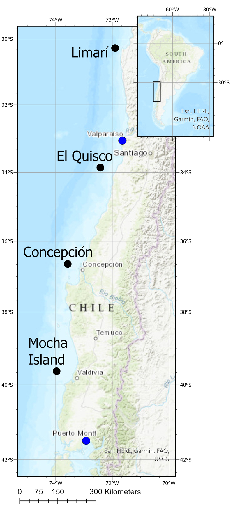 Regional map of central Chile. Black dots indicate locations of methane seep exploration sites. Blue dots indicate ports. The expedition departed from Valparaiso, Chile, and returned to port at the end of the first leg in Puerto Montt, Chile.