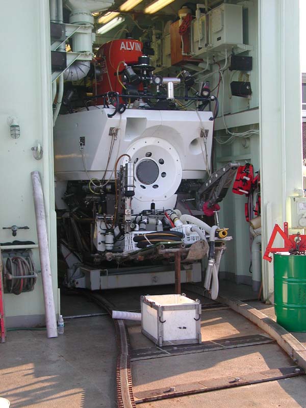 
The deep sea submersible Alvin rests in its hangar aboard its permanent "tender ship" the R/V Atlantis.