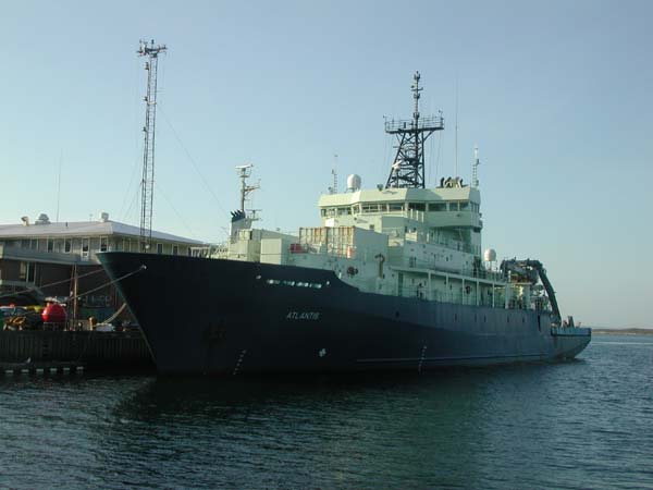 A side view of the R/V Atlantis docked at Woods Hole, Mass.