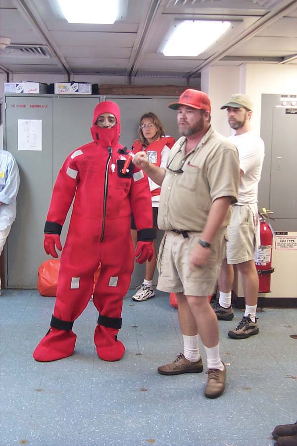Trying on an immersion suit