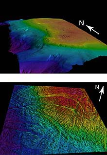 two three-dimensional maps of Heceta Bank made from multibeam sonar data