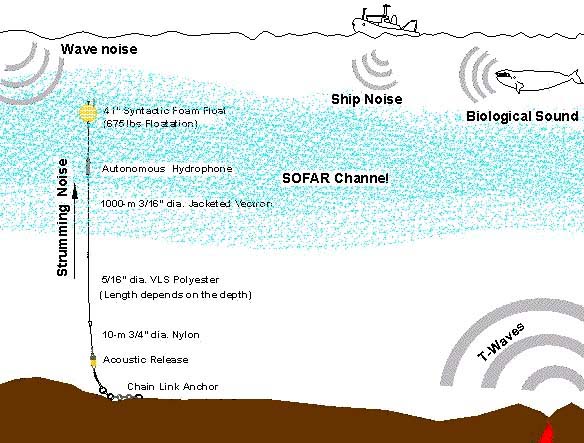 diagram of autonomous moored hydrophones and other supporting equipment