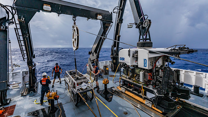 Mission systems like remotely operated vehicles Deep Discoverer and Seirios undergo rigorous testing during shakedown expeditions at the beginning of each field season on NOAA Ship Okeanos Explorer.