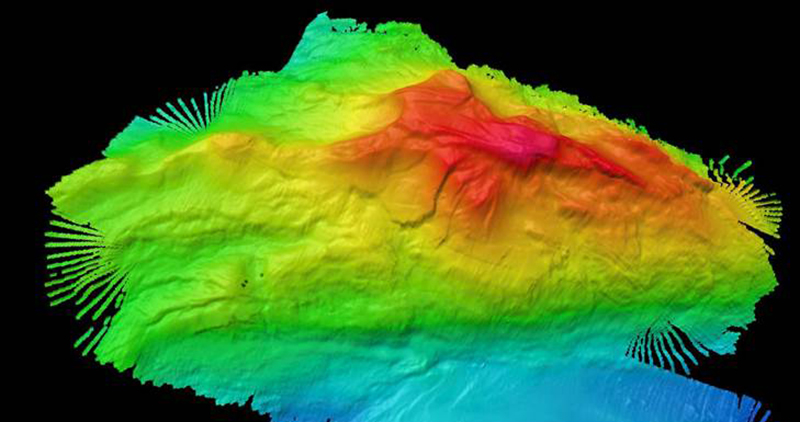 This image of Mona Seamount was generated using data collected from NOAA Ship Okeanos Explorer. Image courtesy of the NOAA Office of Ocean Exploration and Research, Océano Profundo 2015: Exploring Puerto Rico’s Seamounts, Trenches, and Troughs.