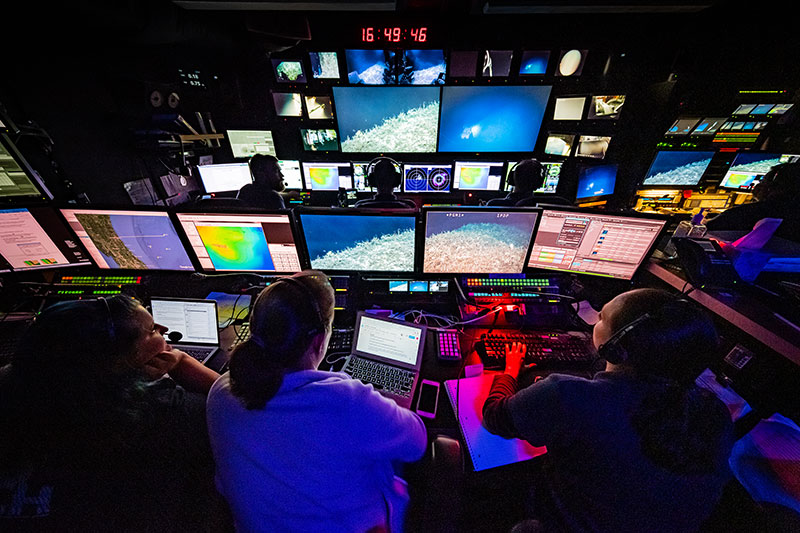 Mission control during remotely operated vehicle dive onboard NOAA Ship Okeanos Explorer.