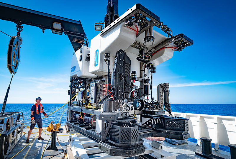Remotely operated vehicle Deep Discoverer being recovered onboard NOAA Ship Okeanos Explorer after completing 19 dives during the 2019 expedition Windows to the Deep.