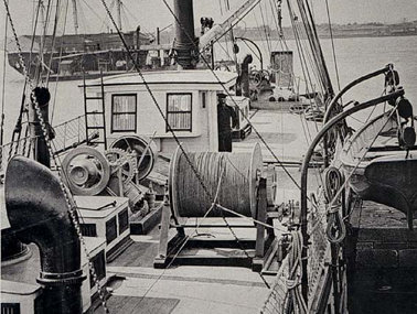 A steam winch with steel wire was first used for deepsea dredging on the Coast Survey Steamer Blake. Source: Deep Sea Sounding and Dredging (1880) by C. Sigsbee.