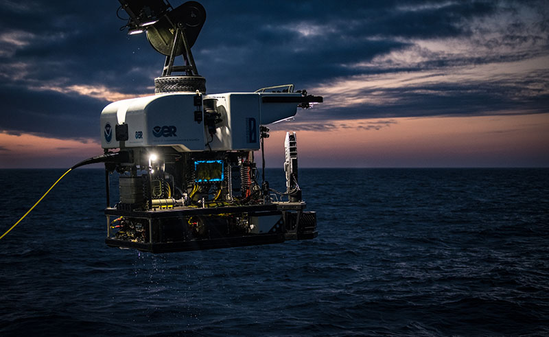 The NOAA Office of Ocean Exploration and Research's remotely operated vehicle, Deep Discoverer, is recovered after a dive on August 29, 2019, to explore the Gully Marine Protected Area off of Nova Scotia, Canada.