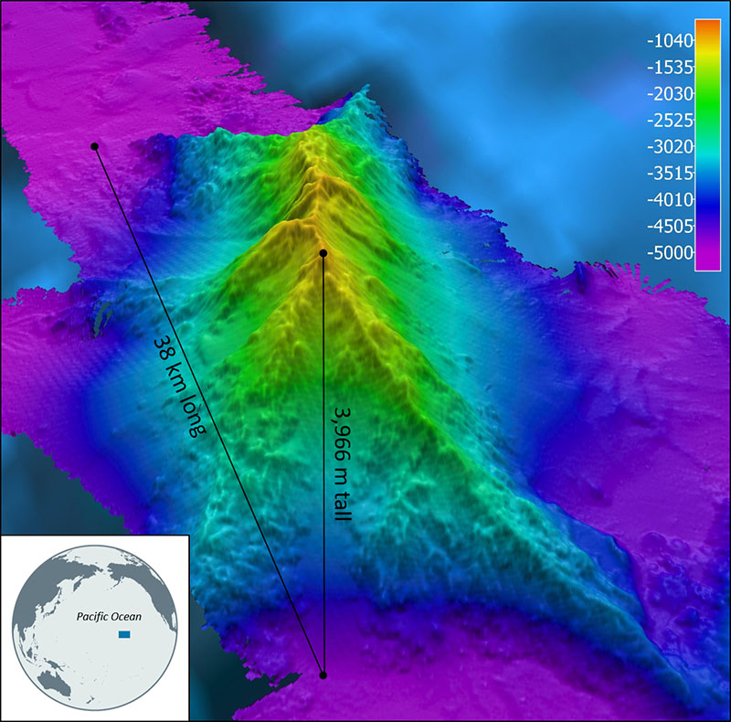 This image shows the topography of the Kaunana Seamount. The seamount was named in honor of OER’s remotely operated vehicle Deep Discoverer for its role in the discoveries made during an expedition to the Northwestern Hawaiian Islands. Colors represent water depth in meters as defined in the color key.