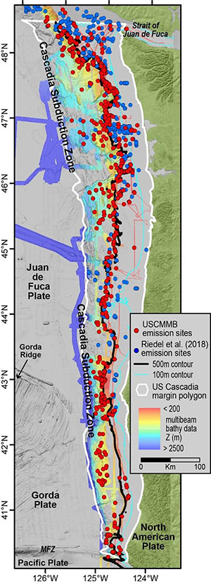 Bathymetric map depicting the U.S. Cascadia margin area (white polygon) stretching from the Strait of Juan de Fuca in the north to the Mendocino fracture zone (MFZ) in the south. Colored bathymetry is a compilation of the eight multibeam surveys with co-registered seafloor and water column data presented in this paper. Gray background grid from Goldfinger et al. (2017). Red circles are the U.S. Cascadia margin multibeam (USCMMB) methane bubble emission sites. Blue circles are Riedel et al. (2018) emission sites.