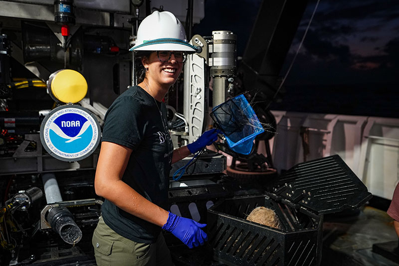 Kim retrieves a sample from ROV Deep Discoverer following a 2019 Southeastern U.S. Deep-Sea Exploration dive.