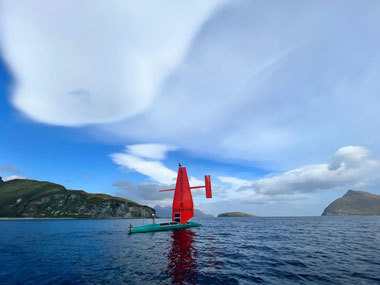 The Saildrone Surveyor departing Dutch Harbor, Alaska, after the mid-project pit stop.