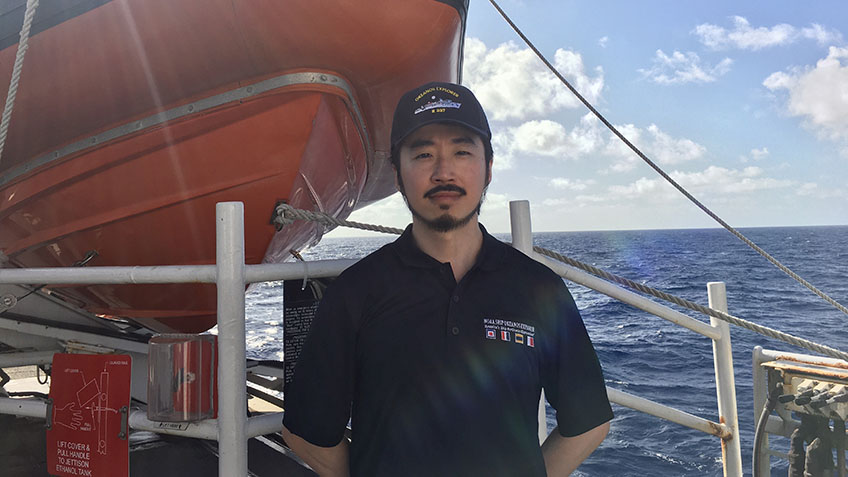 NOAA Ocean Exploration Knauss Marine Policy Fellow, Liang Wu, on board NOAA Ship Okeanos Explorer in April 2022.