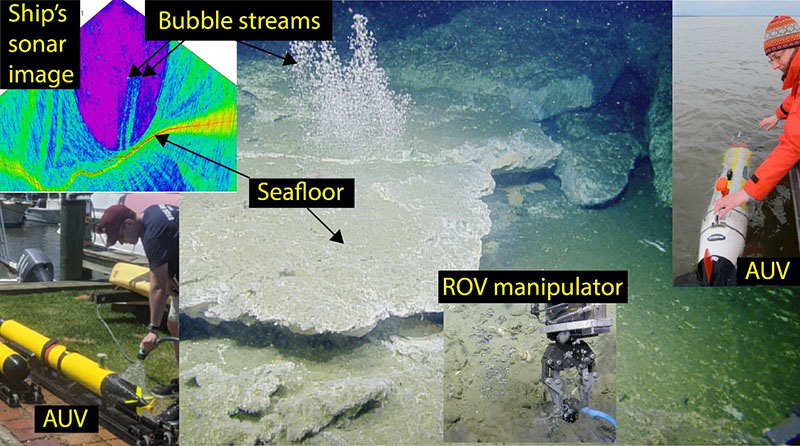 This compilation of images provides a visual introduction to this project. Clockwise from left: bubble streams detected in sonar data, bubble streams escaping from the seafloor, a REMUS 100 autonomous underwater vehicle (AUV), temperature measurements being taken by remotely operated vehicle (ROV) at a seep site, and the VT-690 AUV.