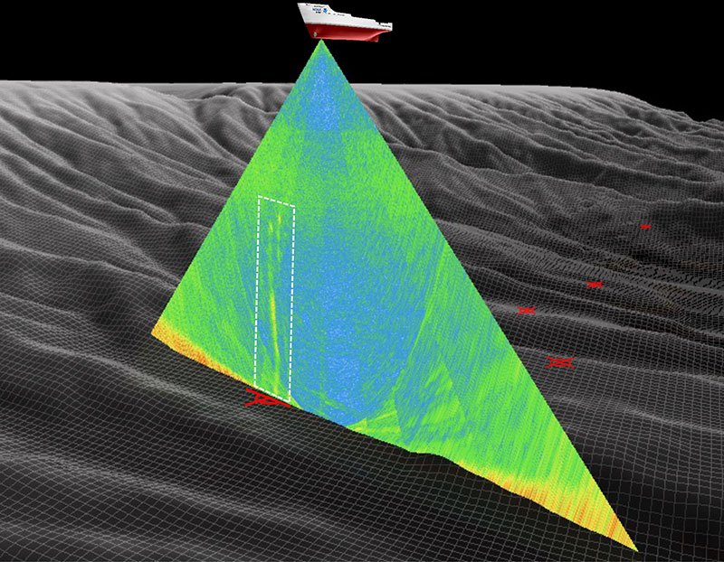 This project’s machine learning-based software system will automatically detect and segment gas bubble plumes (yellow-green vertical linear features within white dashed box) in mapping sonar water column data (triangular fan under ship). The system will use the resulting segmented sonar data to estimate the location of gas seeps on the seafloor (red targets).