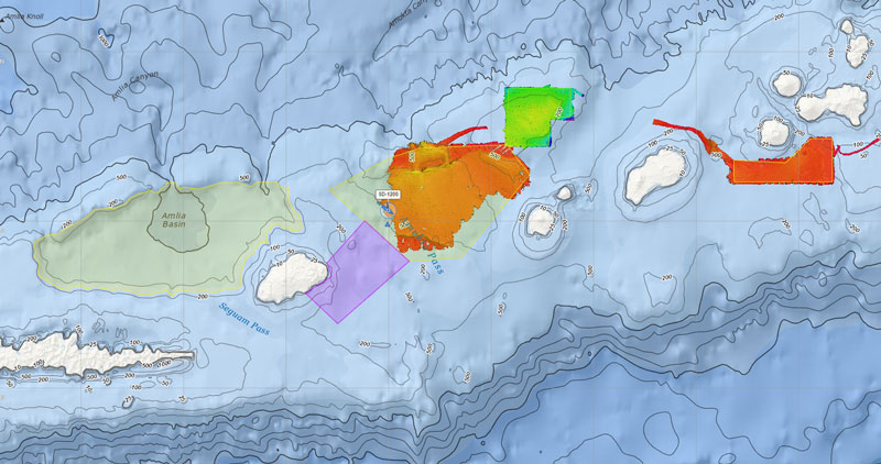 Polygons indicating some of the planned areas to be surveyed, with colored-in areas representing mapping data collected prior to the mid-project pit stop.