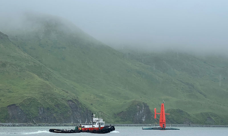 The Saildrone Surveyor in Alaska’s Dutch Harbor at the beginning of the Aleutians Uncrewed Ocean Exploration expedition.