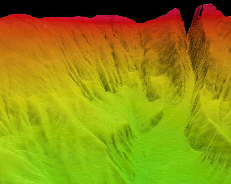 Map of Santa Cruz Canyon off the coast of California produced using data collected during the NOAA Ship Okeanos Explorer California Shakedown Cruise 2011.