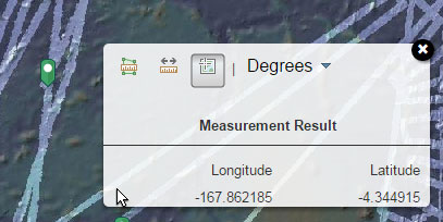 Longitude and latitude of the point will appear in the measurement box Longitude and latitude of the point will appear in the measurement box
