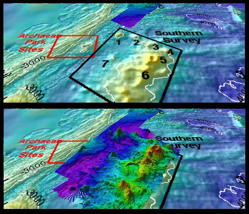 This "before and after" image provides a glimpse of <em>Okeanos Explorer</em>’s EM302 mapping system capabilities in deep water. The top image shows what we previously knew about the seafloor terrain in the southern Mariana region from satellite altimetry data. The bottom image includes an overlay of the information provided by the ship's EM302 multibeam system. <em>Okeanos Explorer</em> will focus on mapping waters deeper than 2,000 meters during the expedition, while <em>Baruna Jaya</em> IV will collect multibeam data down to 2,000 meters – the maximum rating of its multibeam system.