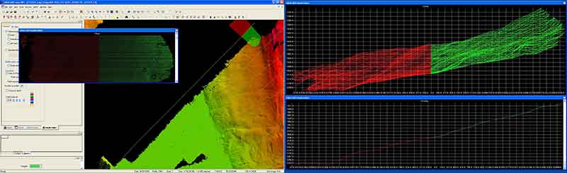 Caris is the main tool used for processing multibeam bathymetry. Shown is the swath editor, where the watch stander can examine the data from various perspectives.