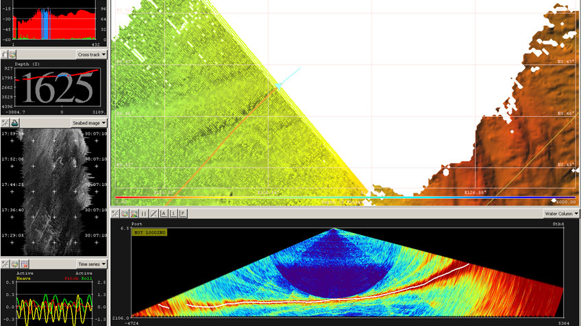 This is a screen grab from the multibeam acquisition computer during a typical mapping watch.