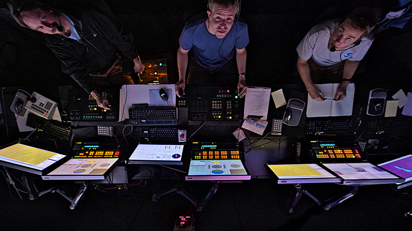 From left to right: Dave Wright, Tom Kok, and Brian Bingham look up for a moment while operating the ROV. Every day presents the pilot, co-pilot, and navigator with new and unforeseen challenges.