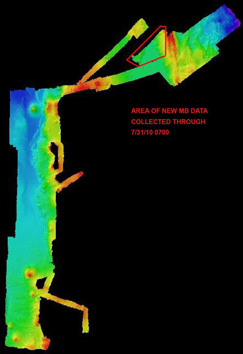 Bathymetric map showing the high-resolution multibeam data acquired by Okeanos Explorer so far during the INDEX 2010 Expedition. The red polygon shows the area mapped on July 31, 2010.