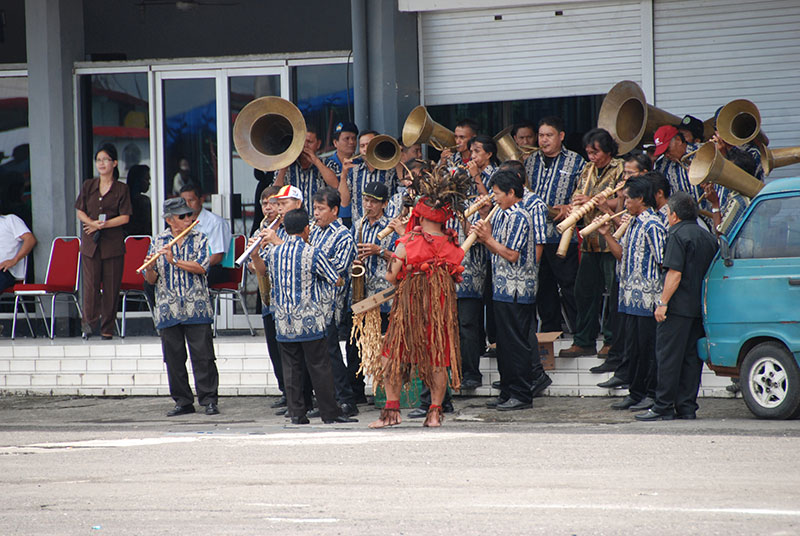  The combination bamboo and brass instrument band was just one of many surprises in store for NOAA Ship Okeanos Explorer personnel during the June 23 Welcoming Ceremony in Bitung, Indonesia.  