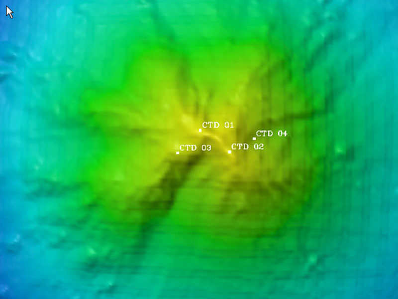 Bathymetric image of Kawio Barat volcano created with data acquired during INDEX 2010. The white dots on the map represent locations where CTD casts were conducted to look for the presence of hydrothermal plumes. Using data collected with the CTD and a detailed bathymetric map, scientists can choose ROV dive locations to take a closer look, and hopefully make exciting discoveries!