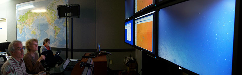 Today marked the first day of full operations during INDEX 2010 at the Seattle ECC. Scientists stand watch as live footage of the seafloor captured by the ROV streams to shore in real-time. 