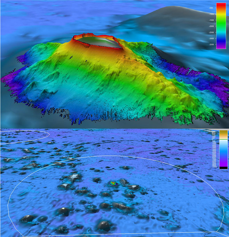Images showing high resolution bathymetry data surrounding Wake Island collected in 2007 by NOAA Ship's Ahi and Hi'ialakai during cruises AHI-07-01 and HI-07-01. The lower image shows publicly available high resolution bathymetry acquired using sonars, overlaid on satellite-derived bathymetry. The white line is the boundary of the U.S. Exclusive Economic Zone and Wake Island part of the Pacific Remote Islands Marine National Monument. The 2016 series of Okeanos Explorer cruises will focus on collecting high resolution undersea mapping data and imagery of unknown and poorly known deep-water areas within the Monument. Aside from a few transit mapping lines, the data shown around Wake appears to be the only publicly available data in the entire surrounding U.S. EEZ. Depth color bars in both images are in meters.