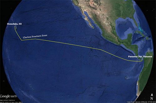 Map showing the approximate planned transit path for the Okeanos Explorer from Honolulu, Hawaii, to Panama City, Panama (yellow line).