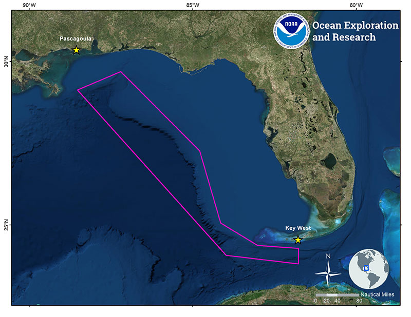 Map showing the operating area (purple polygon) and ports (yellow stars) for the 2019 NOAA Ship Okeanos Explorer expedition focused on sea trials and shakedown operations in the Gulf of Mexico.