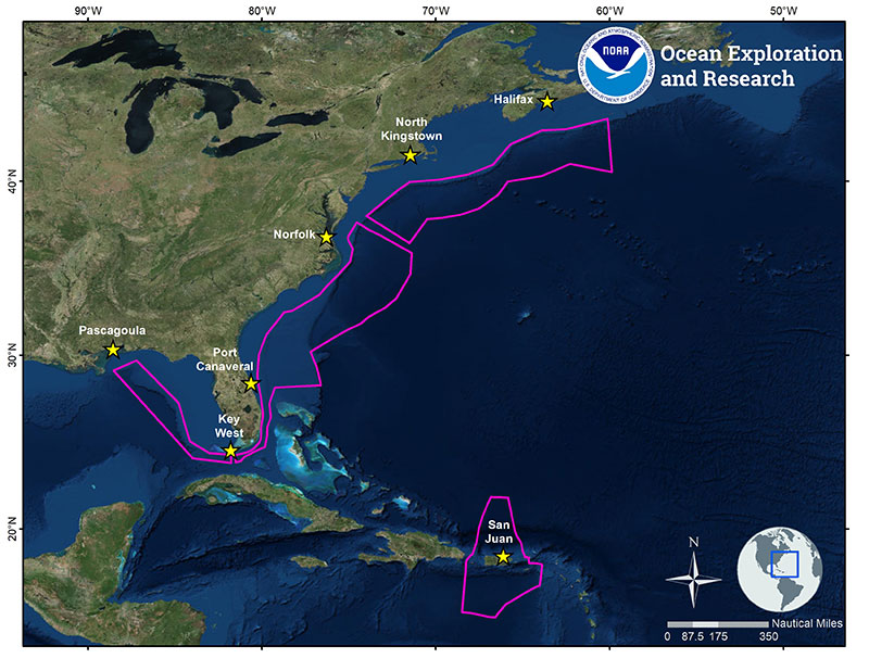 Map showing the operating areas (purple polygons) and ports (yellow stars) for expeditions aboard NOAA Ship Okeanos Explorer that will be conducted in FY2019. A total of nine expeditions for a combined 173 days-at-sea will be conducted between October 2018 and September 2019. These include one expedition focused on sea trials and shakedown operations in the Gulf of Mexico, and eight expeditions focused on mapping and exploring deep-sea habitats in the North Atlantic Ocean and the Caribbean Sea.