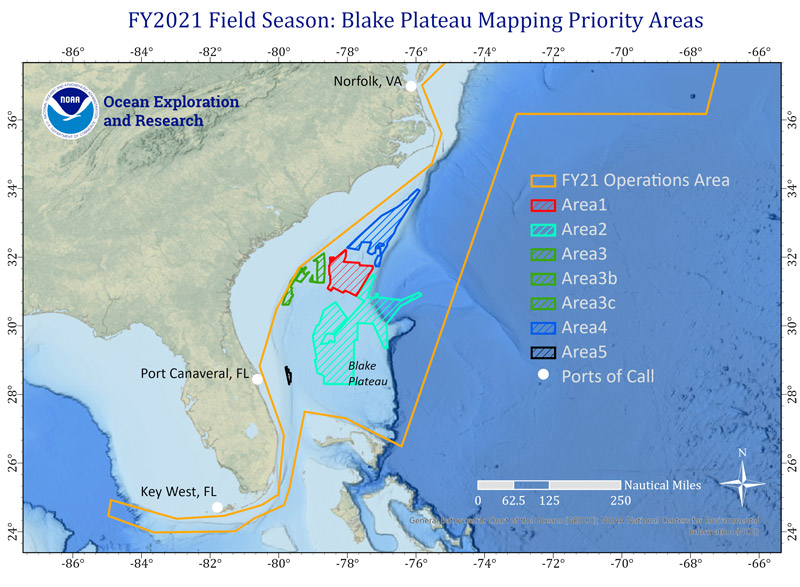 Figure 2. Map showing priority areas for exploratory mapping operations in 2021 on the Blake Plateau offshore of the southeast U.S. (colored polygons).