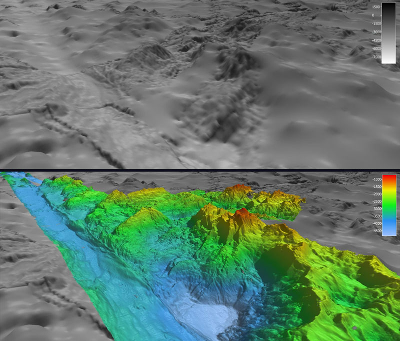 In May, during the first Voyage to the Ridge 2022 expedition, NOAA Ocean Exploration completed the largest continuous mapping survey effort to date over the Charlie-Gibbs Fracture Zone, collecting bathymetric data along this geologically fascinating and ecologically exceptional region. These images show satellite-derived bathymetry data (top) in comparison to the high-resolution bathymetry data (bottom) collected during Voyage to the Ridge 2022 using the multibeam system on NOAA Ship Okeanos Explorer.