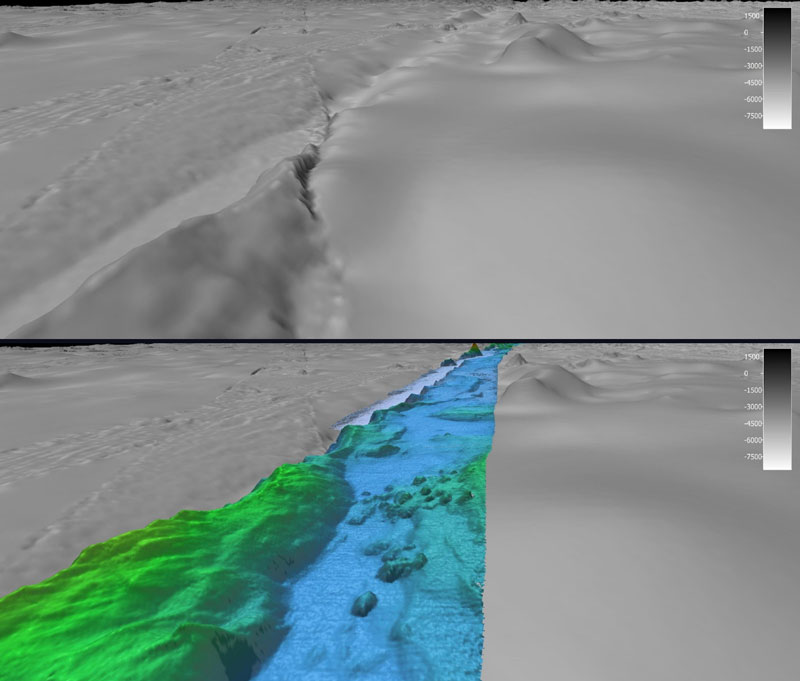 In May, during the first Voyage to the Ridge 2022 expedition, NOAA Ocean Exploration completed the largest continuous mapping survey effort to date over the Charlie-Gibbs Fracture Zone, collecting bathymetric data along this geologically fascinating and ecologically exceptional  region. These images show satellite-derived bathymetry data (top) in comparison to the high-resolution bathymetry data (bottom) collected during Voyage to the Ridge 2022 using the multibeam system on NOAA Ship Okeanos Explorer.