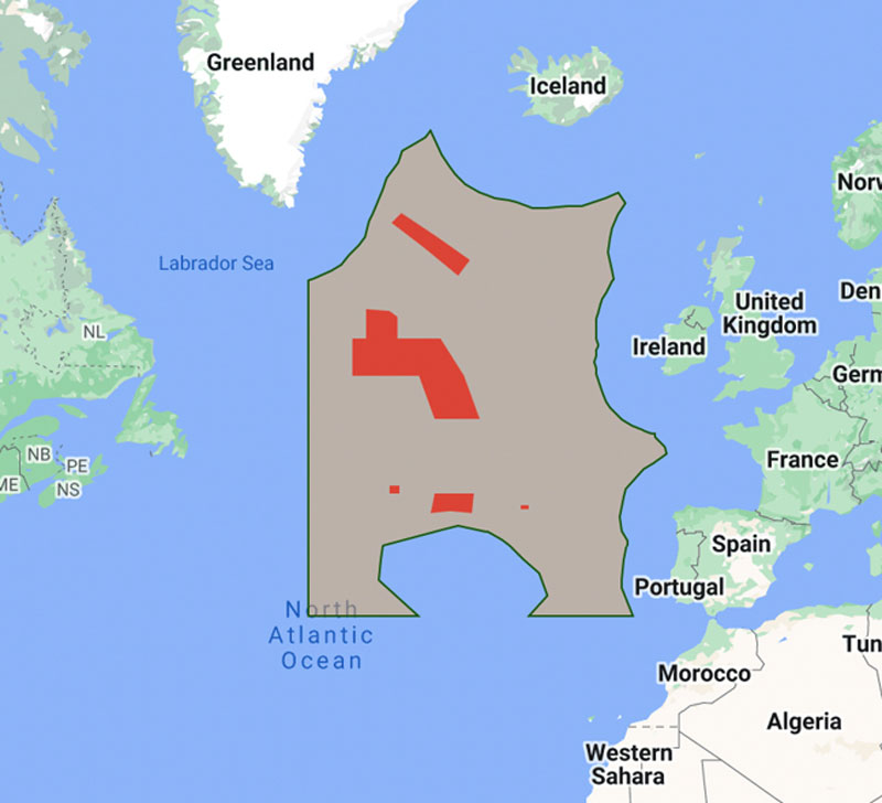The Northeast Atlantic Fisheries Commission (NEAFC) Regulatory Area 1: Reykjanes Ridge in grey; areas in red represent vulnerable marine ecosystem areas closed to bottom fishing.