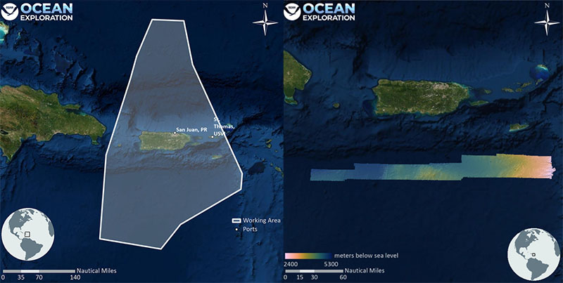 In March 2022, NOAA Ocean Exploration conducted an exploratory ocean mapping expedition focused on U.S. deep waters south of Puerto Rico. The team mapped a total of 8,398 linear kilometers (5,218 miles) and 18,580 square kilometers (7,174 square miles) of seafloor, an area approximately twice the size of Puerto Rico. These mapping efforts resulted in the collection of high-resolution data needed to fill critical mapping gaps in the region and revealed never-before seen morphologic features of the seafloor south of Puerto Rico, including small seamounts.