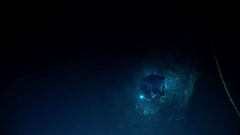 Remotely operated vehicle Deep Discoverer images an active black smoker hydrothermal vent seen near the end of Dive 02 of the second Voyage to the Ridge 2022 expedition.