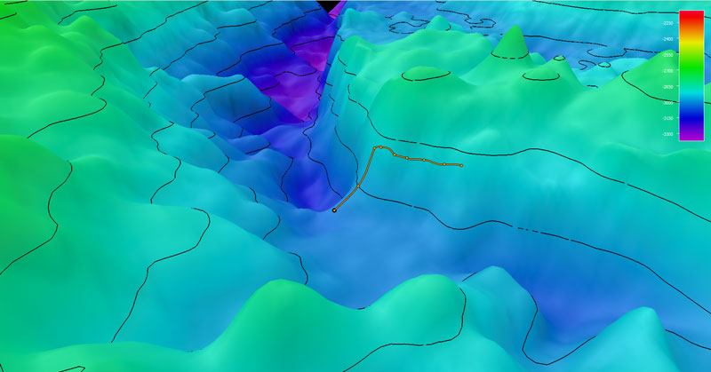 The planned dive track (white line) for Voyage to the Ridge 2022 Expedition 2 Moytirra Vent Field. Bathymetry shown at three-times exaggeration. Scale is water depth in meters.