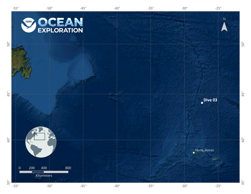 Map showing the location of Voyage to the Ridge 2022 Expedition 2 Dive 03: MARNA Midwater.