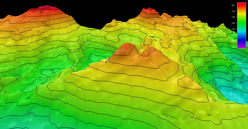 The planned dive track (white line) for Voyage to the Ridge 2022 Expedition 2 Dive 05: Zenith. Bathymetry shown at three-times exaggeration. Scale is water depth in meters.