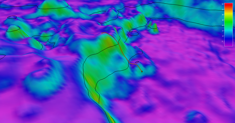 The planned dive track (white line) for Voyage to the Ridge 2022 Expedition 2 Dive 07: Kurchatov Deep. Slope shown at three-times exaggeration. Scale is water depth in meters.