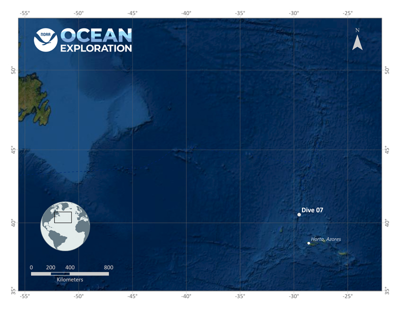 Map showing the location of Voyage to the Ridge 2022 Expedition 2 Dive 07: Kurchatov Deep.